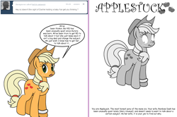 Size: 1204x800 | Tagged: safe, artist:dekomaru, applejack, earth pony, pony, applestuck, ask, grayscale, implied appledash, implied lesbian, implied shipping, monochrome, scrunchy face, solo, tumblr, tumblr:ask twixie