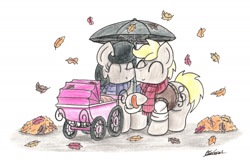 Size: 2131x1402 | Tagged: safe, artist:bobthedalek, oc, oc only, oc:mixed melody, oc:octavia's father, oc:octavia's mother, oc:ostinato melody, earth pony, pony, autumn, autumn leaves, clothes, eyes closed, leaves, scarf, simple background, smiling, stroller, sweater vest, traditional art, umbrella, white background