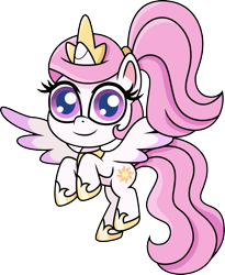 Size: 1227x1500 | Tagged: safe, artist:cloudyglow, princess celestia, alicorn, pony, my little pony: pony life, crown, cute, female, filly, flying, foal, jewelry, looking at you, pink-mane celestia, regalia, scrunchie, simple background, solo, transparent background, young, younger