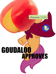 Size: 877x1152 | Tagged: safe, scootaloo, cheese, cheese hat, derpimilestone, gouda, hat, meta, milestone, solo