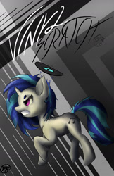 Size: 1229x1900 | Tagged: safe, artist:frisky, dj pon-3, vinyl scratch, pony, unicorn, poster, record, simple background, solo