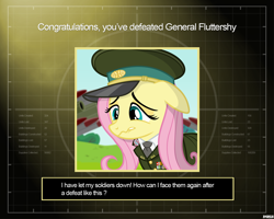 Size: 1280x1024 | Tagged: safe, alternate version, artist:a4r91n, fluttershy, pegasus, pony, artillery, cannon, cap, clothes, command and conquer, command and conquer: generals, crossover, crying, hat, military uniform, missile, missile launcher, necktie, peaked cap, sad, solo, uniform, you win