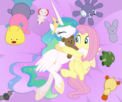 Size: 843x703 | Tagged: safe, artist:queencold, fluttershy, princess celestia, alicorn, pegasus, pony, cuddling, cute, cutelestia, duo, female, plushie, shyabetes, snuggling, stuffed animals, teddy bear