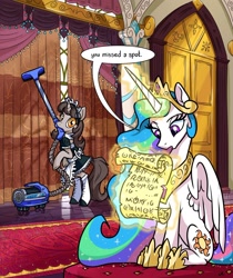 Size: 1280x1525 | Tagged: safe, artist:docwario, princess celestia, oc, oc:silver bubbles, alicorn, pony, unicorn, bow, clothes, crossdressing, crown, cushion, drapes, female, hoof shoes, jewelry, leggings, magic, maid, maid headdress, male, mare, mouth hold, reading, reflective floor, regalia, scroll, sitting, stallion, vacuum