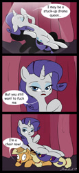 Size: 1006x2179 | Tagged: safe, artist:strebiskunk, applejack, rarity, earth pony, pony, unicorn, fame and misfortune, appleseat, chair, comic, derp, dialogue, duo, female, forniphilia, living object, scene interpretation, speech bubble, vulgar