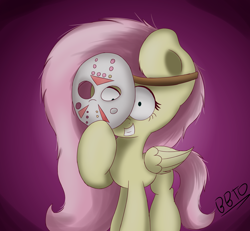 Size: 2600x2400 | Tagged: safe, artist:bronybehindthedoor, fluttershy, pegasus, pony, creepy, creepy smile, female, folded wings, friday the 13th, hockey mask, jason voorhees, looking at you, mare, mask, smiling, solo