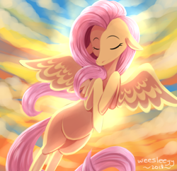 Size: 2788x2696 | Tagged: safe, artist:weesleeyy, fluttershy, pegasus, pony, backlighting, eyes closed, female, floppy ears, flying, head turn, hooves to the chest, mare, sky, solo, spread wings, sunlight, wings