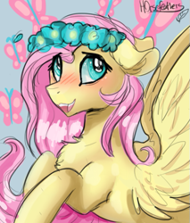 Size: 433x509 | Tagged: safe, artist:h0rsefeathers, fluttershy, pegasus, pony, blushing, bust, chest fluff, cute, female, floppy ears, floral head wreath, flower, flower in hair, looking up, mare, open mouth, shyabetes, smiling, solo, spread wings, wings