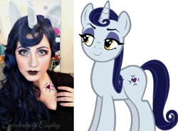 Size: 1302x958 | Tagged: safe, artist:sarahndipity cosplay, screencap, moonlight raven, human, pony, unicorn, boobie mark, clothes, cosplay, costume, dress, female, irl, irl human, mare, my little pony, photo, simple background, vector, white background