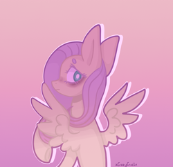Size: 1748x1692 | Tagged: safe, artist:xcrazycrustx, fluttershy, pegasus, pony, bust, female, looking at you, looking back, looking back at you, mare, profile, raised hoof, rear view, sitting, solo, spread wings, wings
