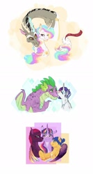 Size: 1024x1912 | Tagged: safe, artist:miyathegoldenflower, discord, flash sentry, princess celestia, rarity, spike, tempest shadow, twilight sparkle, alicorn, dragon, pony, unicorn, bisexual, blushing, dislestia, female, flashlight, glasses, hug, kiss on the cheek, kissing, lesbian, male, older, older rarity, older spike, polyamory, scar, shipping, smiling, smirk, sparity, straight, tempestflashlight, tempestlight, tempestsentry, tongue out, winghug