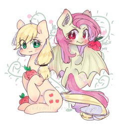 Size: 637x666 | Tagged: safe, artist:windymils, applejack, fluttershy, bat pony, pony, apple, blushing, duo, female, flutterbat, food, mare, missing accessory, race swap, simple background, sitting, transparent background