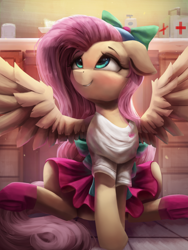 Size: 2250x3000 | Tagged: safe, artist:vanillaghosties, fluttershy, pegasus, pony, eqg summertime shorts, equestria girls, pet project, bow, clothes, cute, equestria girls outfit, equestria girls ponified, female, first aid kit, floppy ears, mare, ponified, shyabetes, skirt, smiling, solo, spread wings, wings