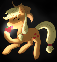 Size: 3200x3500 | Tagged: safe, artist:azure-quill, applejack, earth pony, pony, apple, eating, eyes closed, female, food, glow, mare, profile, smiling, solo