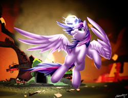 Size: 6600x5100 | Tagged: safe, artist:strachattack, derpibooru import, twilight sparkle, twilight sparkle (alicorn), alicorn, twilight's kingdom, absurd resolution, angry, crying, destruction, flying, golden oaks library, magic, sad, solo