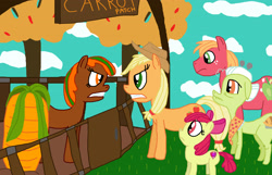 Size: 3198x2064 | Tagged: safe, artist:sb1991, apple bloom, applejack, big macintosh, granny smith, oc, oc:carrot root, earth pony, pony, autumn, carrot, farm, fence, food, gate, link in description, sign, story art, tree