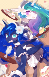 Size: 1242x1920 | Tagged: safe, artist:friskyfrisks, princess celestia, princess luna, alicorn, pony, blushing, bow, cake, choker, clothes, cuffs (clothes), cute, cutelestia, daaaaaaaaaaaw, dessert, dress, duo, female, flower, flower in hair, food, lunabetes, maid, mare, milkshake, open mouth, royal sisters, sweat, sweatdrop