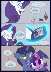 Size: 850x1200 | Tagged: safe, artist:kanashiipanda, derpibooru import, night light, rarity, twilight sparkle, twilight sparkle (alicorn), twilight velvet, alicorn, pony, unicorn, comic:royal business trip, alcohol, comic, evil, evil grin, magic, sneer, telekinesis, wallet, wine, wine glass