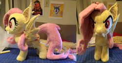 Size: 1024x530 | Tagged: safe, artist:plushypuppy, fluttershy, bat pony, pony, fangs, female, flutterbat, irl, mare, photo, plushie, race swap, solo, spread wings, standing, wings