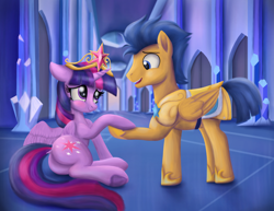 Size: 4950x3829 | Tagged: safe, artist:greenbrothersart, flash sentry, twilight sparkle, twilight sparkle (alicorn), alicorn, pegasus, pony, equestria girls, equestria girls (movie), armor, big crown thingy, blushing, butt, crystal palace, dock, element of magic, female, flashlight, holding hooves, jewelry, male, mare, plot, regalia, royal guard, scene interpretation, shipping, stallion, straight, twibutt