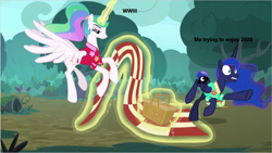 Size: 1254x706 | Tagged: safe, edit, edited screencap, screencap, princess celestia, princess luna, alicorn, pony, between dark and dawn, 2020, basket, celestia is not amused, clothes, hawaiian shirt, meme, picnic basket, shirt, tripping, unamused, world war iii