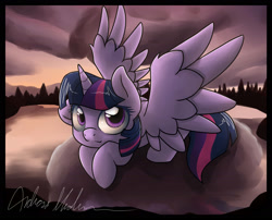 Size: 2100x1700 | Tagged: safe, artist:nerow94, derpibooru import, twilight sparkle, twilight sparkle (alicorn), alicorn, pony, :3, cloud, cute, female, floppy ears, forest, looking at you, mare, on a cloud, prone, smiling, solo, spread wings, twiabetes, twilight (astronomy), wings