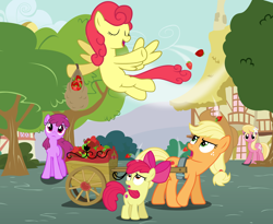 Size: 5600x4600 | Tagged: safe, artist:dashiesparkle, artist:estories, artist:mundschenk85, apple bloom, applejack, berry punch, berryshine, lily, lily valley, strawberry sunrise, earth pony, pegasus, pony, absurd resolution, apple, cart, eyes closed, female, filly, food, mare, quintet, strawberry, strawberry savage, tree, vector