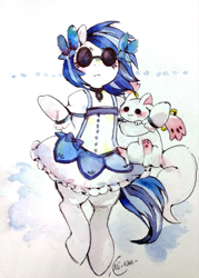 Size: 1112x1555 | Tagged: safe, artist:mi-eau, edit, dj pon-3, vinyl scratch, alien, incubator (species), pony, unicorn, clothes, cropped, crossover, dress, glasses, kyubey, magical girl, puella magi madoka magica, solo, traditional art, watercolor painting