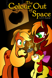 Size: 1351x2000 | Tagged: safe, artist:deeptriviality, apple bloom, applejack, big macintosh, granny smith, earth pony, pony, apple family, book cover, cover art, eldritch abomination, female, filly, lovecraft, male, mare, meteor, stallion, straw in mouth, the colour out of space, this will end in death, this will not end well