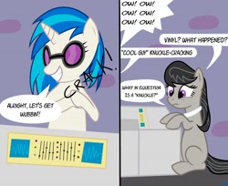 Size: 1280x1047 | Tagged: safe, artist:nuka-kitty, dj pon-3, octavia melody, vinyl scratch, earth pony, pony, cracking knuckles, dialogue, funny, reality ensues