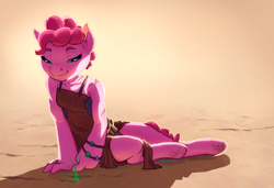 Size: 1024x701 | Tagged: safe, artist:joan-grace, pinkie pie, anthro, earth pony, unguligrade anthro, clothes, female, looking at you, smiling, solo