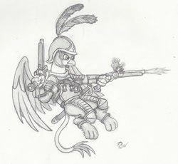 Size: 800x735 | Tagged: safe, artist:sensko, griffon, armor, flintlock, flying, grayscale, griffonstone, gun, monochrome, pencil drawing, pistol, simple background, sketch, solo, traditional art, weapon, white background