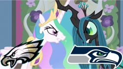 Size: 2289x1288 | Tagged: safe, edit, edited screencap, screencap, princess celestia, queen chrysalis, alicorn, changeling, changeling queen, pony, a canterlot wedding, american football, nfc wildcard round, nfl, nfl playoffs, nfl wildcard round, philadelphia eagles, rematch, seattle seahawks