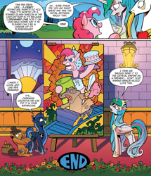 Size: 937x1091 | Tagged: safe, artist:andypriceart, idw, king aspen, pinkie pie, princess celestia, princess luna, alicorn, badger, deer, earth pony, pony, spoiler:comic, spoiler:comic28, comic, cropped, female, hat, male, mare, official comic, royal sisters, speech bubble, stag, stained glass, stallion, the end, toolbox, window