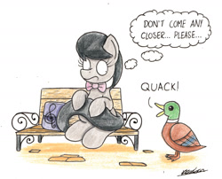 Size: 1867x1506 | Tagged: safe, artist:bobthedalek, octavia melody, bird, duck, earth pony, mallard, pony, animal, bench, bowtie, duo, fear, female, holding tail, male, mare, op is a duck (reaction image), open beak, quack, scared, simple background, solo, traditional art, white background