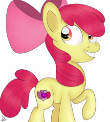 Size: 2700x3000 | Tagged: safe, artist:theartistsora, apple bloom, earth pony, pony, crusaders of the lost mark, cutie mark, female, filly, raised hoof, simple background, smiling, solo, the cmc's cutie marks, white background