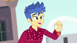 Size: 1280x720 | Tagged: safe, screencap, flash sentry, better together, cheer you on, equestria girls, blue eyes, clothes, geode of empathy, magical geodes, male, smiling