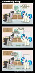 Size: 1700x3450 | Tagged: safe, artist:thejourneysend, dj pon-3, octavia melody, vinyl scratch, earth pony, fish, pony, unicorn, comic, dead, drop the bass, fail, female, mare, pun, salmon