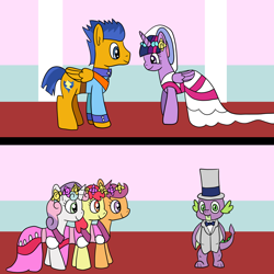 Size: 1600x1600 | Tagged: safe, artist:platinumdrop, apple bloom, flash sentry, scootaloo, spike, sweetie belle, twilight sparkle, twilight sparkle (alicorn), alicorn, dragon, bride, clothes, cutie mark crusaders, dress, female, flashlight, flower, flower filly, flower girl, flower girl dress, hat, male, marriage, shipping, straight, top hat, tuxedo, uniform, wedding, wedding dress