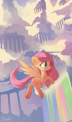 Size: 2765x4683 | Tagged: safe, artist:freeedon, fluttershy, pegasus, pony, belly button, cloudsdale, female, flying, mare, rainbow waterfall, scenery, smiling, solo