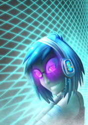 Size: 2893x4092 | Tagged: safe, artist:thegentlemancupcake, dj pon-3, vinyl scratch, human, glowing eyes, headphones, humanized, solo