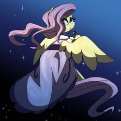 Size: 2300x2300 | Tagged: safe, artist:geraritydevillefort, fluttershy, pegasus, pony, clothes, dress, female, looking at you, looking back, looking back at you, mare, shycedes, solo, the count of monte cristo, the count of monte rainbow