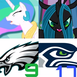 Size: 2289x2289 | Tagged: safe, edit, edited screencap, screencap, princess celestia, queen chrysalis, alicorn, changeling, changeling queen, pony, a canterlot wedding, american football, knocked out, nfc wildcard round, nfl, nfl playoffs, nfl wildcard round, philadelphia eagles, seattle seahawks