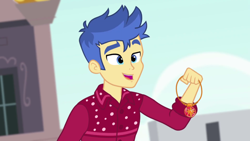 Size: 1920x1080 | Tagged: safe, screencap, flash sentry, better together, cheer you on, equestria girls, geode of empathy, holding, magical geodes, solo