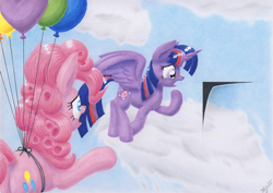 Size: 4650x3295 | Tagged: safe, artist:xeviousgreenii, derpibooru import, pinkie pie, twilight sparkle, twilight sparkle (alicorn), alicorn, earth pony, pony, absurd resolution, balloon, flying, hole, parody, the truman show, then watch her balloons lift her up to the sky, traditional art