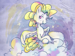 Size: 1600x1200 | Tagged: safe, artist:pashapup, surprise, pegasus, pony, g1, cloud, cutie mark, female, g1 to g4, generation leap, hooves, lying on a cloud, mare, on a cloud, sitting, solo, wings