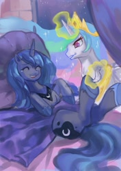Size: 800x1132 | Tagged: safe, artist:ravencrooow, princess celestia, princess luna, alicorn, pony, bedroom, crying, deviantart watermark, eyes closed, feather, giggling, hoof tickling, horseshoes, laughing, magic, obtrusive watermark, royal sisters, smiling, tears of joy, tears of laughter, tickling, watermark