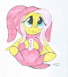 Size: 2005x2288 | Tagged: safe, artist:taurson, fluttershy, pegasus, pony, animal costume, bunny costume, bunnyshy, clothes, costume, female, freckles, kigurumi, looking up, mare, on back, simple background, smiling, solo, traditional art, white background, wings