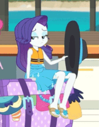 Size: 739x941 | Tagged: safe, screencap, pinkie pie, rarity, equestria girls, equestria girls series, the salty sails, animated, clothes, cropped, cute, dress, feet, flip-flops, frown, gif, hat, legs, lidded eyes, needs more jpeg, open mouth, raribetes, sandals, sarong, smiling, solo, solo focus, sun hat, swimsuit, talking, wide eyes
