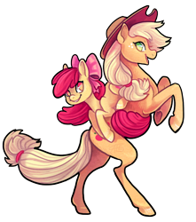 Size: 764x864 | Tagged: safe, artist:griffsnuff, apple bloom, applejack, earth pony, pony, bow, cowboy hat, duo, female, filly, hair bow, hat, looking at you, mare, ponies riding ponies, rearing, simple background, sisters, smiling, white background